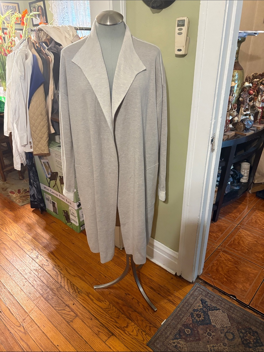 Light Gray Open-Front Long Knit Coatigan